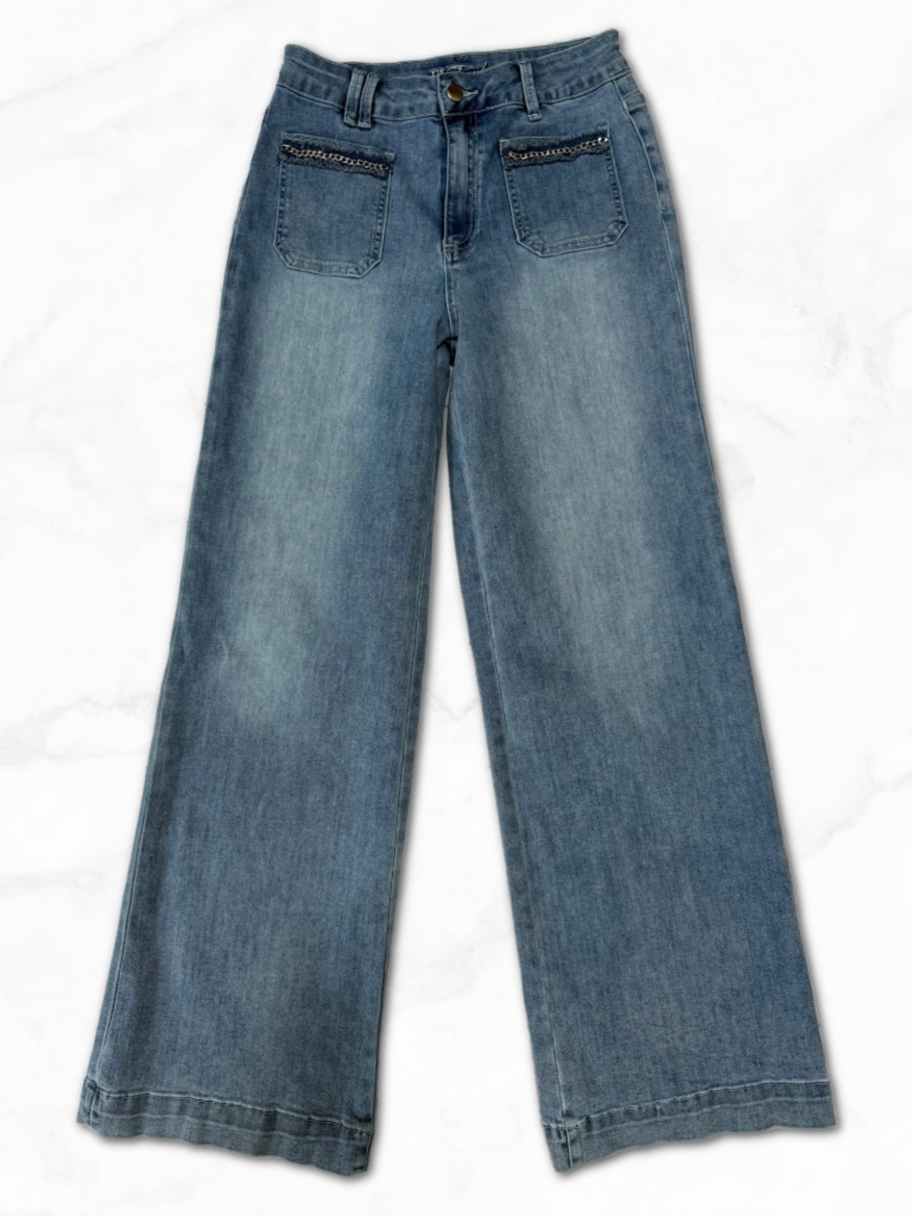 Frank Lyman Wide Leg Jeans Light Wash Chain Pocket High Rise Stretch Size S